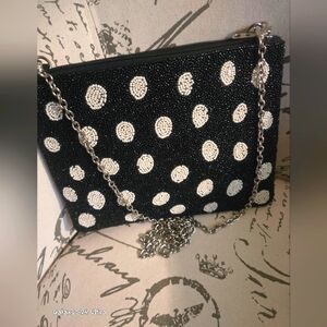 Francesca's Blk/White Polka Dot beaded clutch purse w/ Crossbody chain NWT